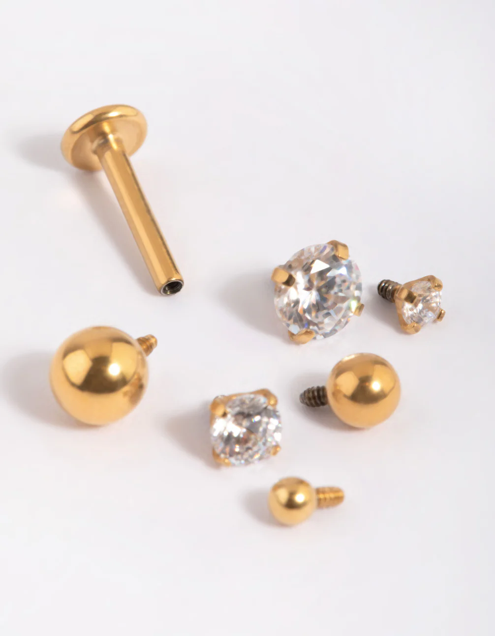 Gold Plated Surgical Steel Single Flat Back Bar & Cubic Zirconia Interchangeable Ends 6-Pack - Image 2