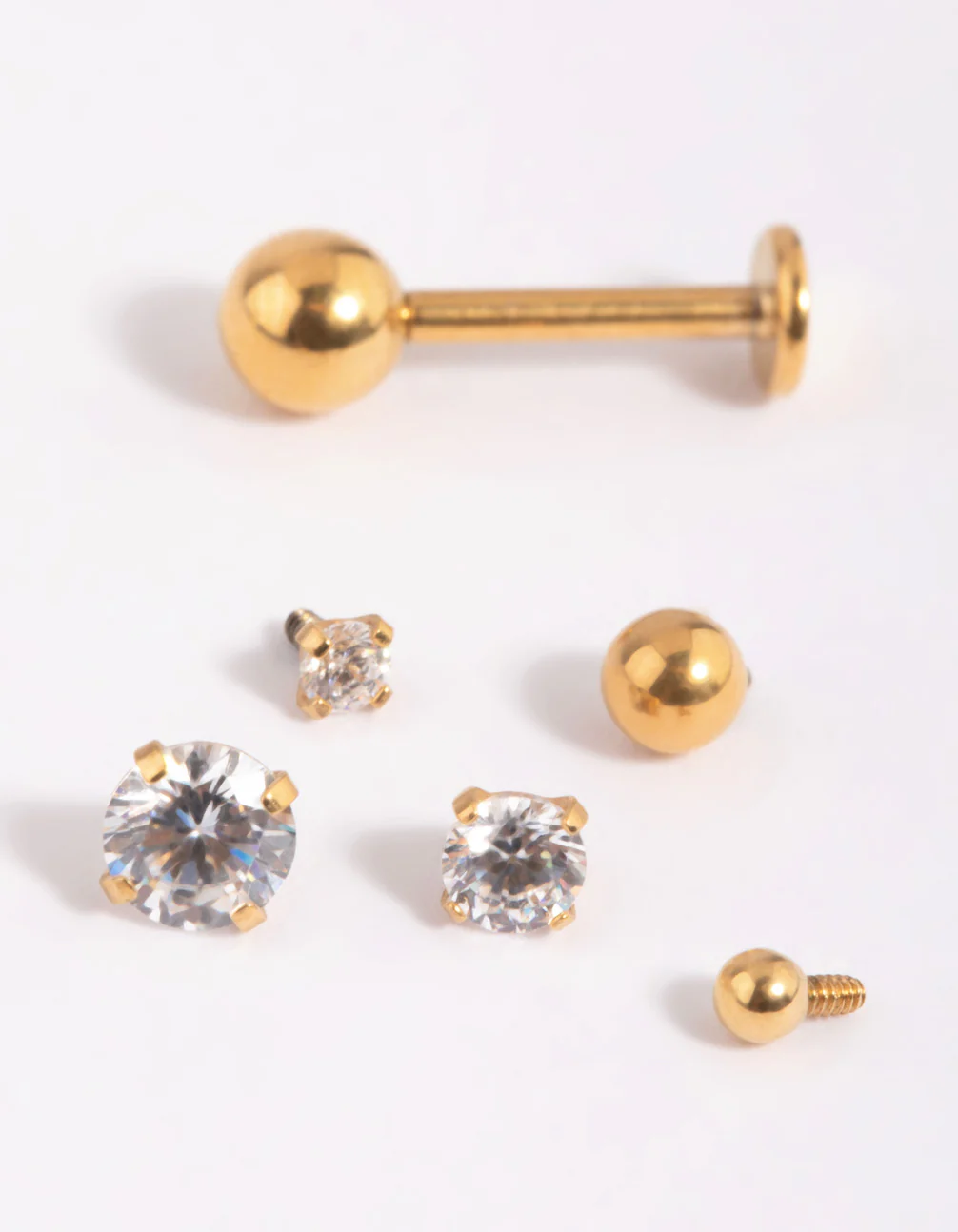 Gold Plated Surgical Steel Single Flat Back Bar & Cubic Zirconia Interchangeable Ends 6-Pack - Image 3