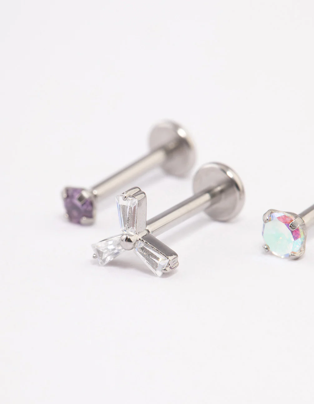 Surgical Steel Multicoloured Cubic Zirconia  Threadless Flat Back Studs 3- Pack - Image 2