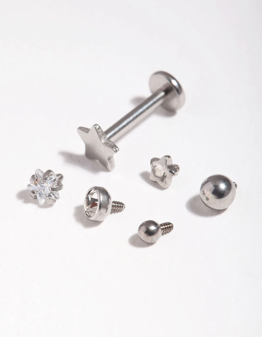 Surgical Steel Single Flat Back Bar & Diamante Star Interchangeable Ends 6-Pack - Image 3