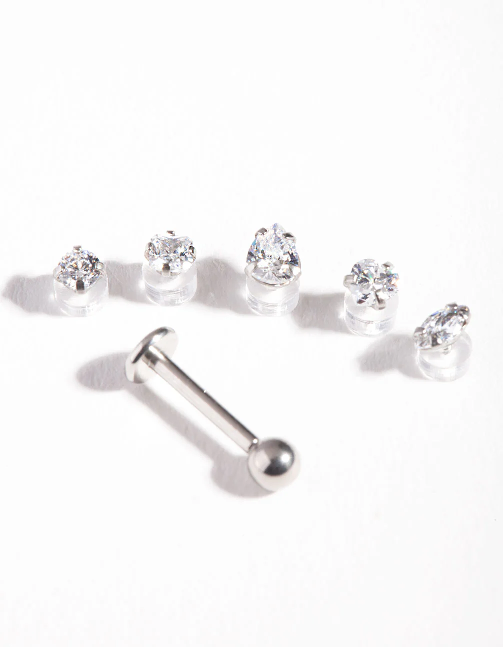 Surgical Steel Single Flat Back Bar & Cubic Zirconia Interchangeable Ends 6-Pack - Image 2