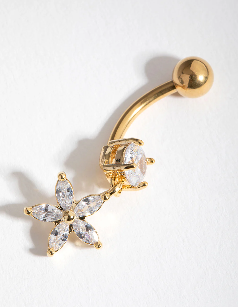Gold Cubic Zirconia Flower Drop Belly Ring - Image 3