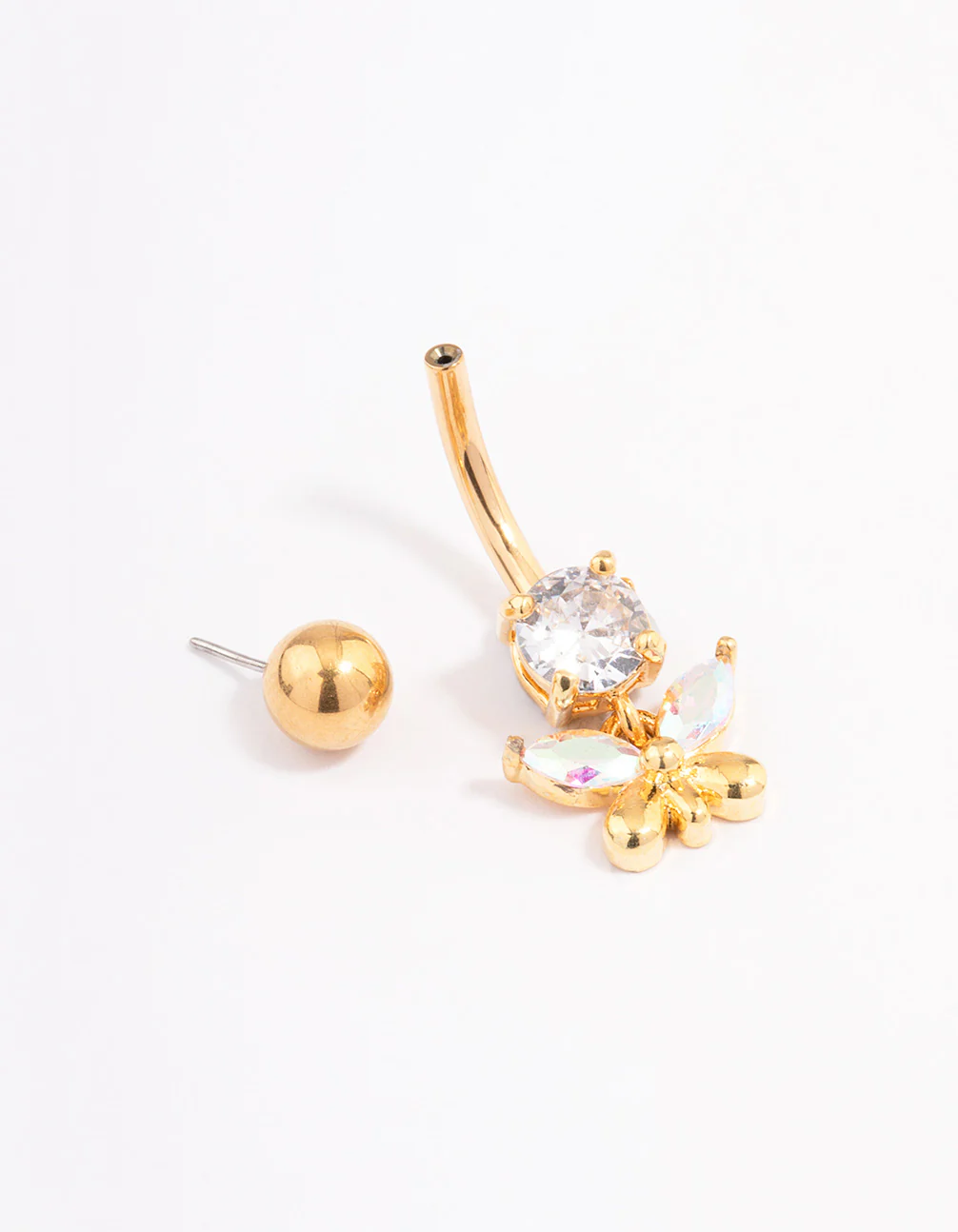 Gold Plated Surgical Steel Cubic Zirconia Butterfly Charm Threadless Belly Bar - Image 2