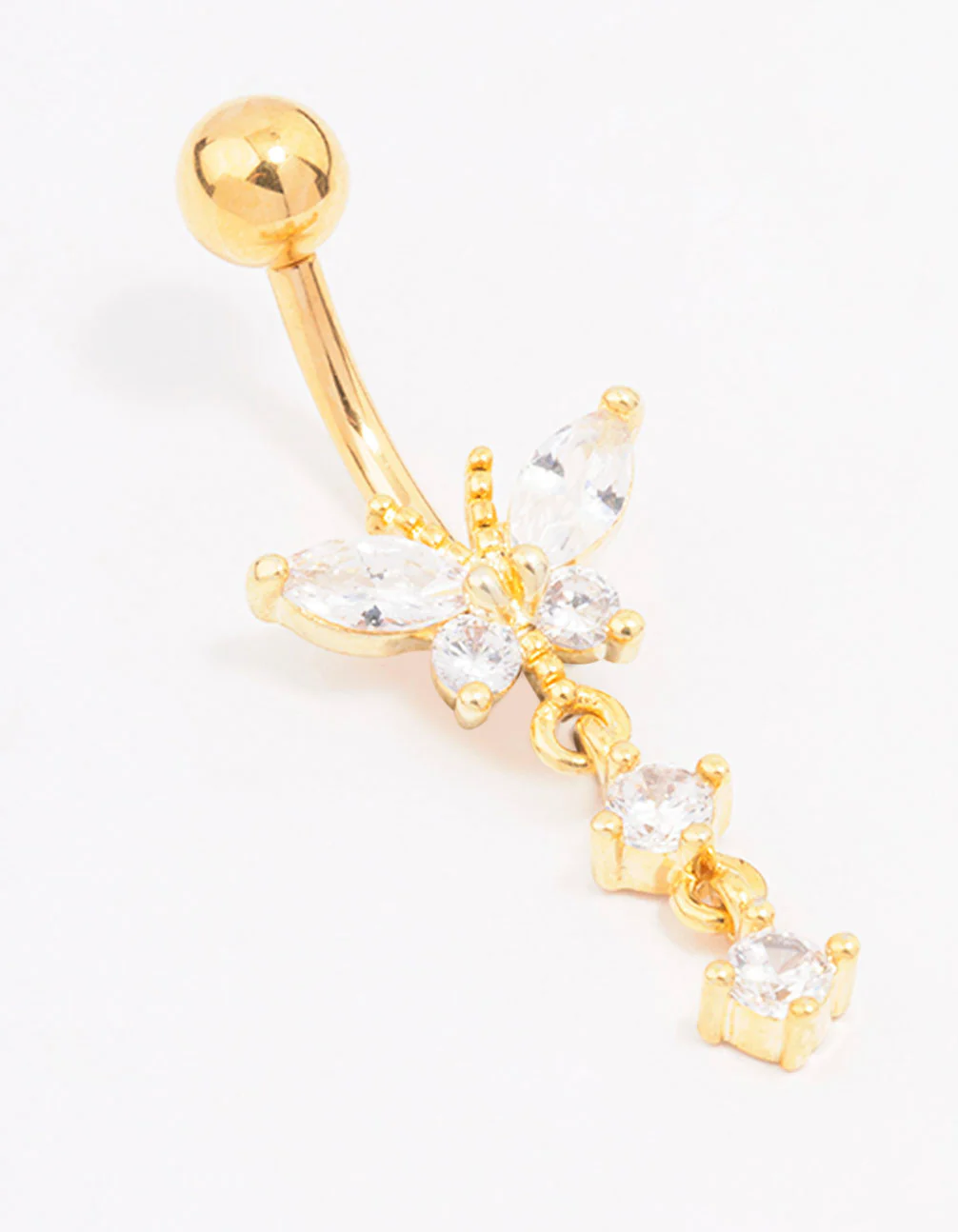 Gold Plated Surgical Steel Cubic Zirconia Butterfly Drop Belly Bar