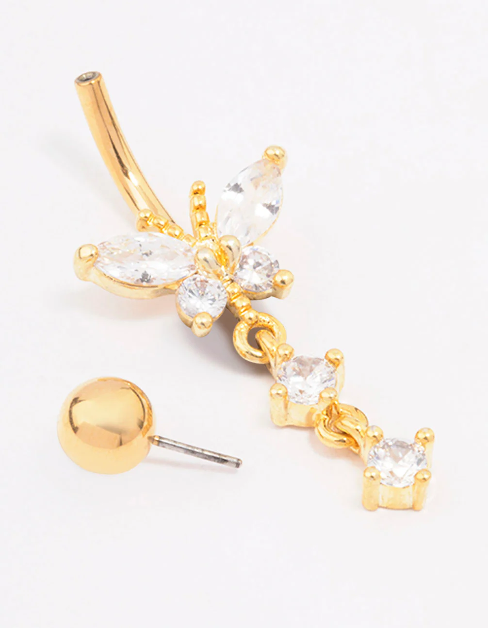 Gold Plated Surgical Steel Cubic Zirconia Butterfly Drop Belly Bar - Image 2