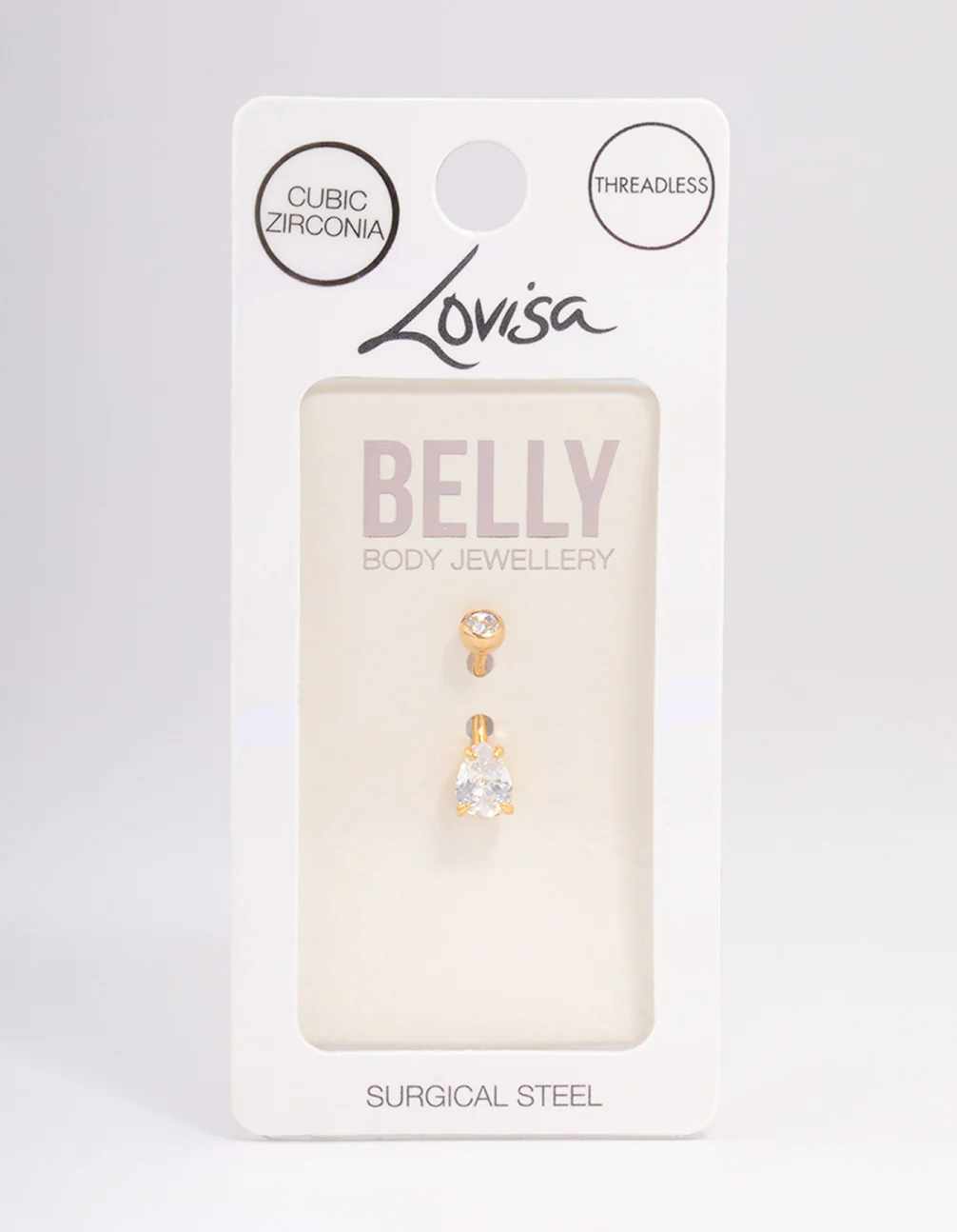 Gold Plated Surgical Steel Cubic Zirconia Pear Bezel Set Threadless  Belly Bar - Image 3