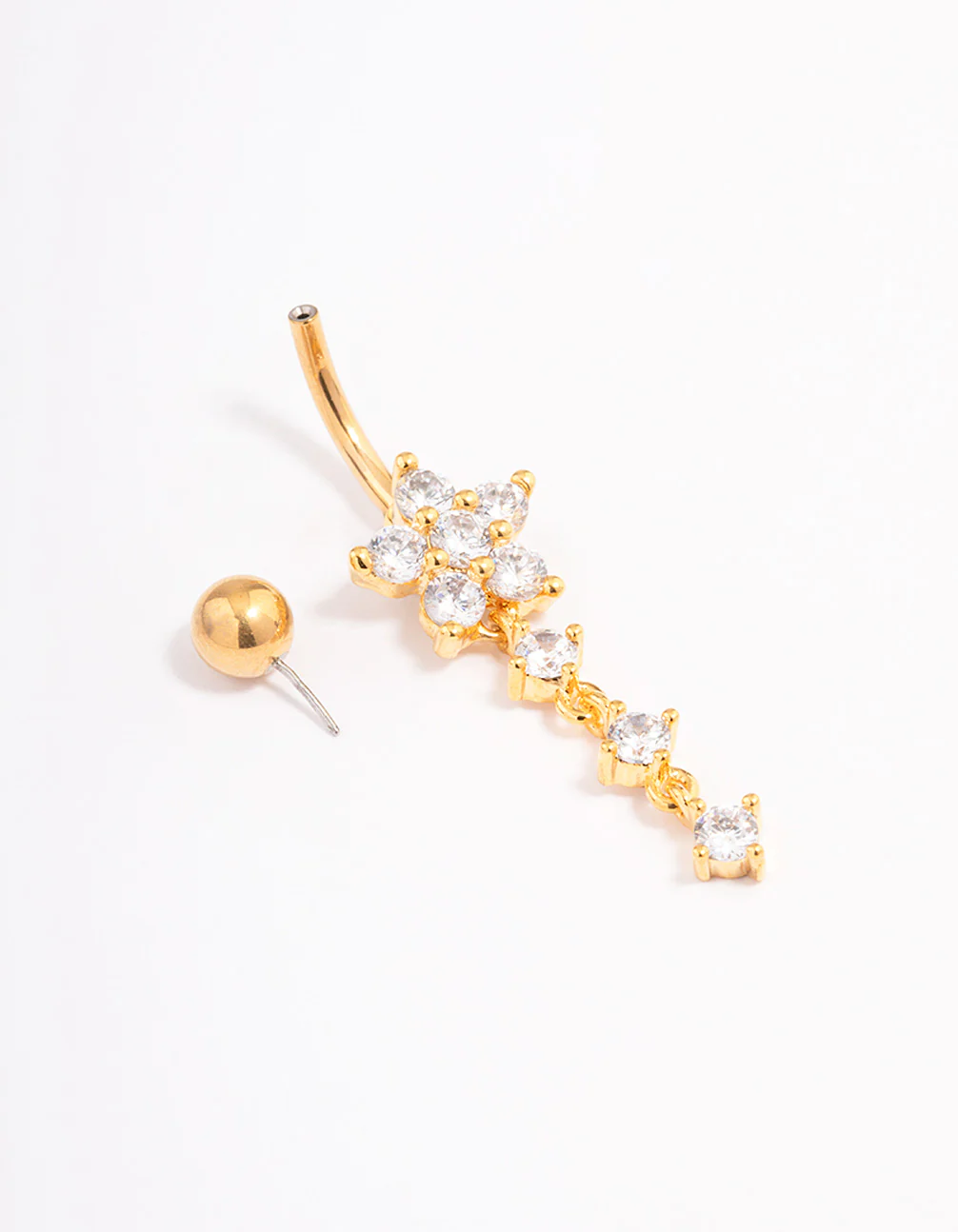 Gold Plated Surgical Steel Cubic Zirconia Trio & Flower Threadless Belly Bar - Image 2