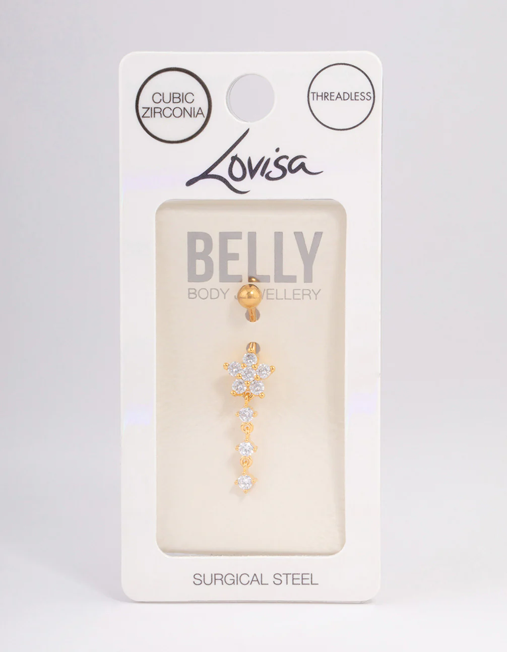 Gold Plated Surgical Steel Cubic Zirconia Trio & Flower Threadless Belly Bar - Image 3