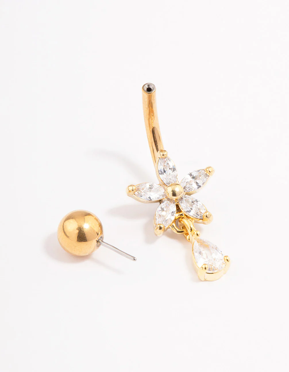 Gold Plated Surgical Steel Cubic Zirconia Flower Pear Threadless  Belly Bar - Image 2