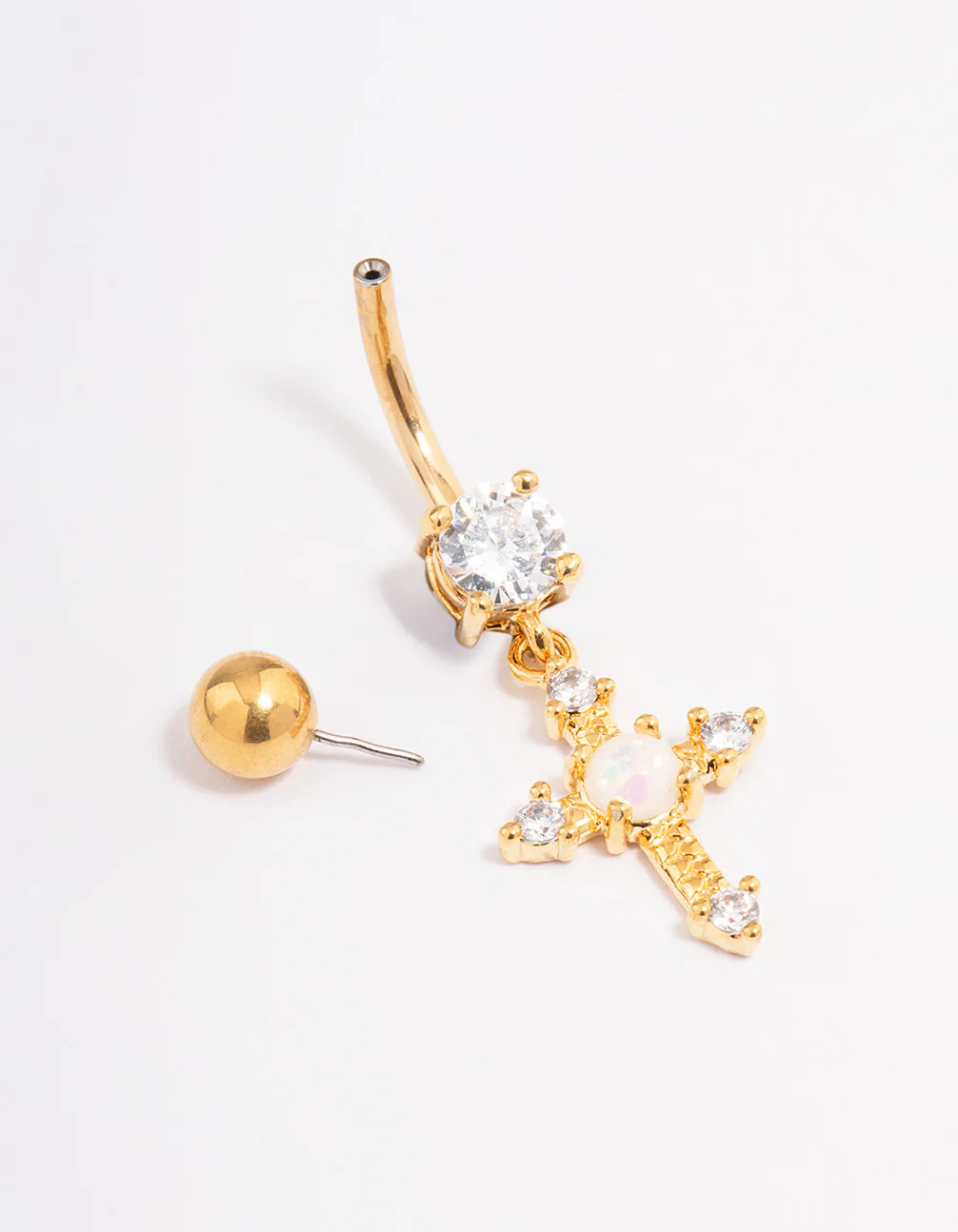 Gold Plated Surgical Steel Cubic Zirconia Opal Cross Threadless  Belly Bar - Image 2