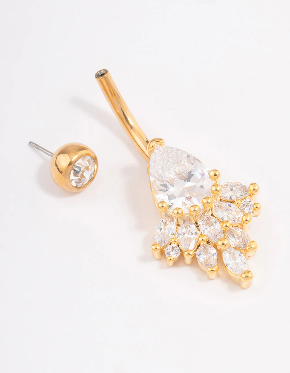 Gold Plated Surgical Steel Cubic Zirconia Pear Fanned Threadless Belly Bar - Image 2