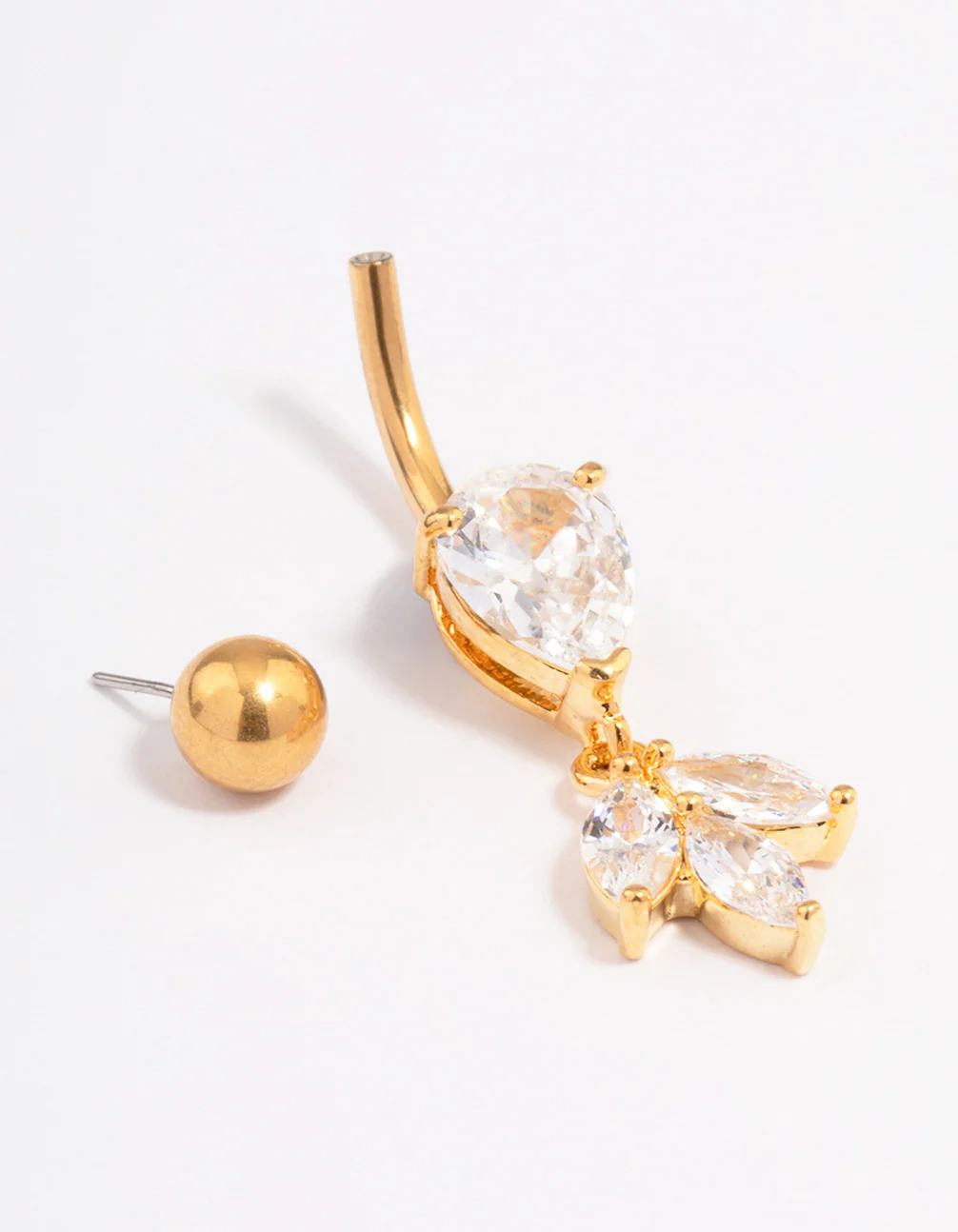 Gold Plated Surgical Steel Cubic Zirconia Pear Marquise Threadless Belly Bar - Image 2