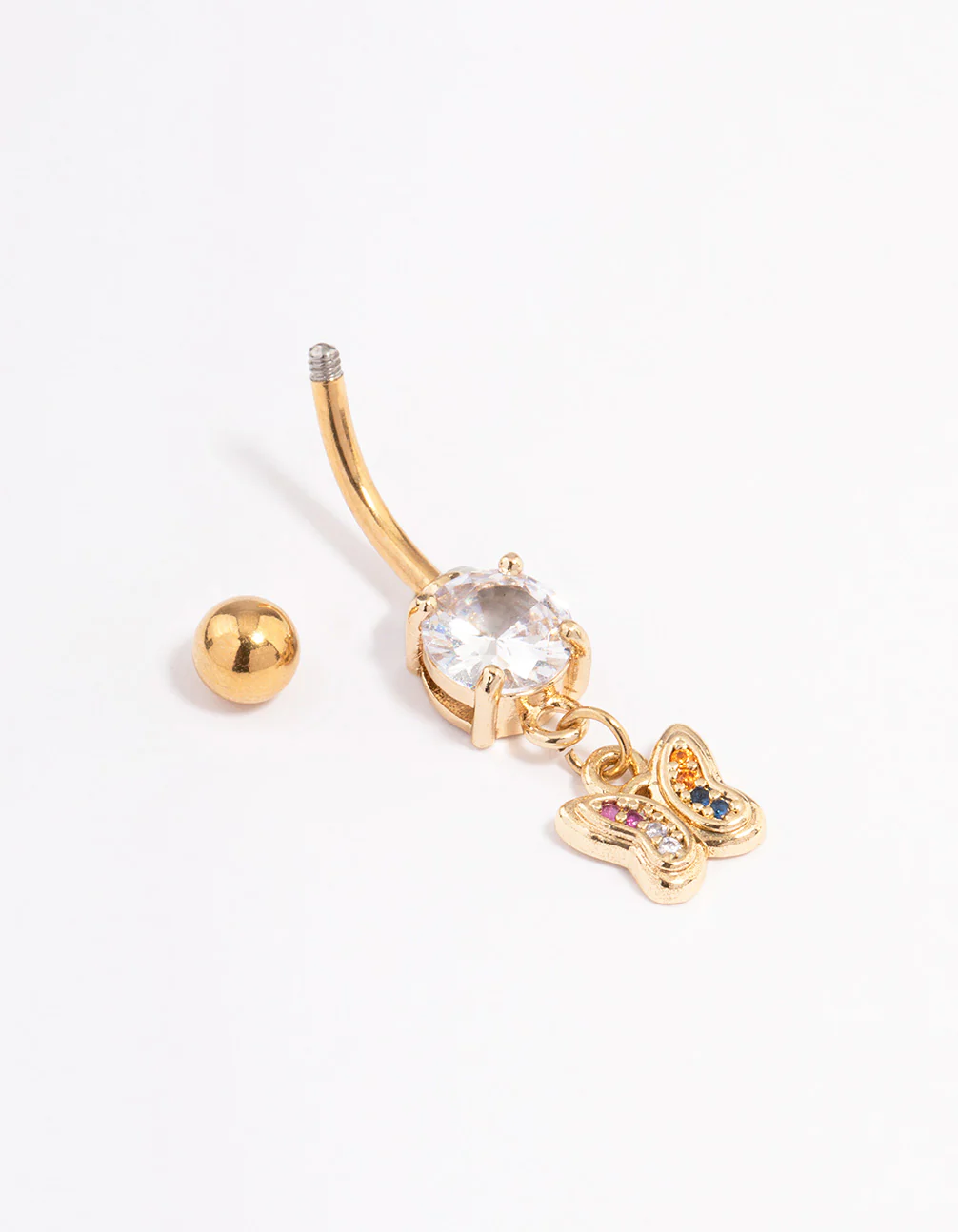Gold Plated Surgical Steel Cubic Zirconia Rainbow Butterfly Belly Ring - Image 2