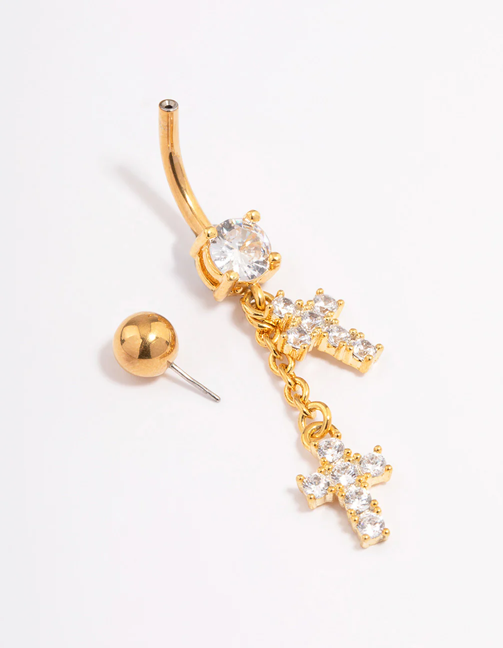 Gold Plated Surgical Steel Cubic Zrconia Double Cross Threadless Belly Bar - Image 2