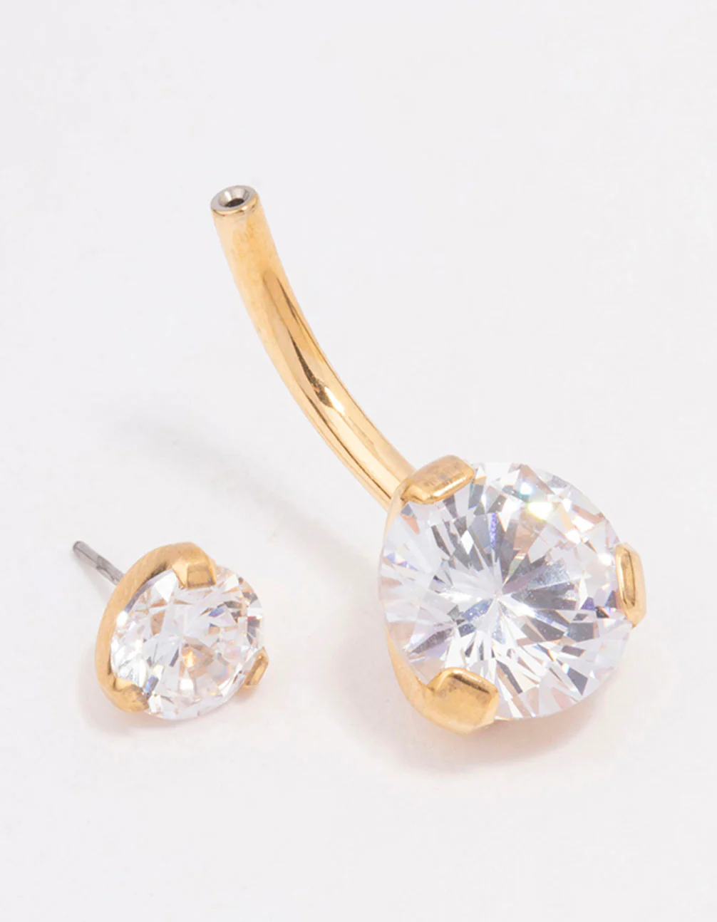 Gold Plated Surgical Steel  Cubic Zirconia Double Round Threadless Belly Bar - Image 2
