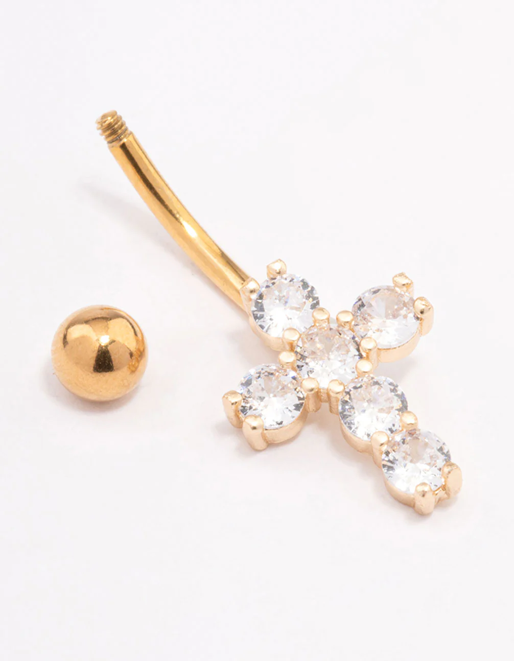 Gold Plated Surgical Steel Round Cubic Zirconia Cross Belly Ring - Image 2