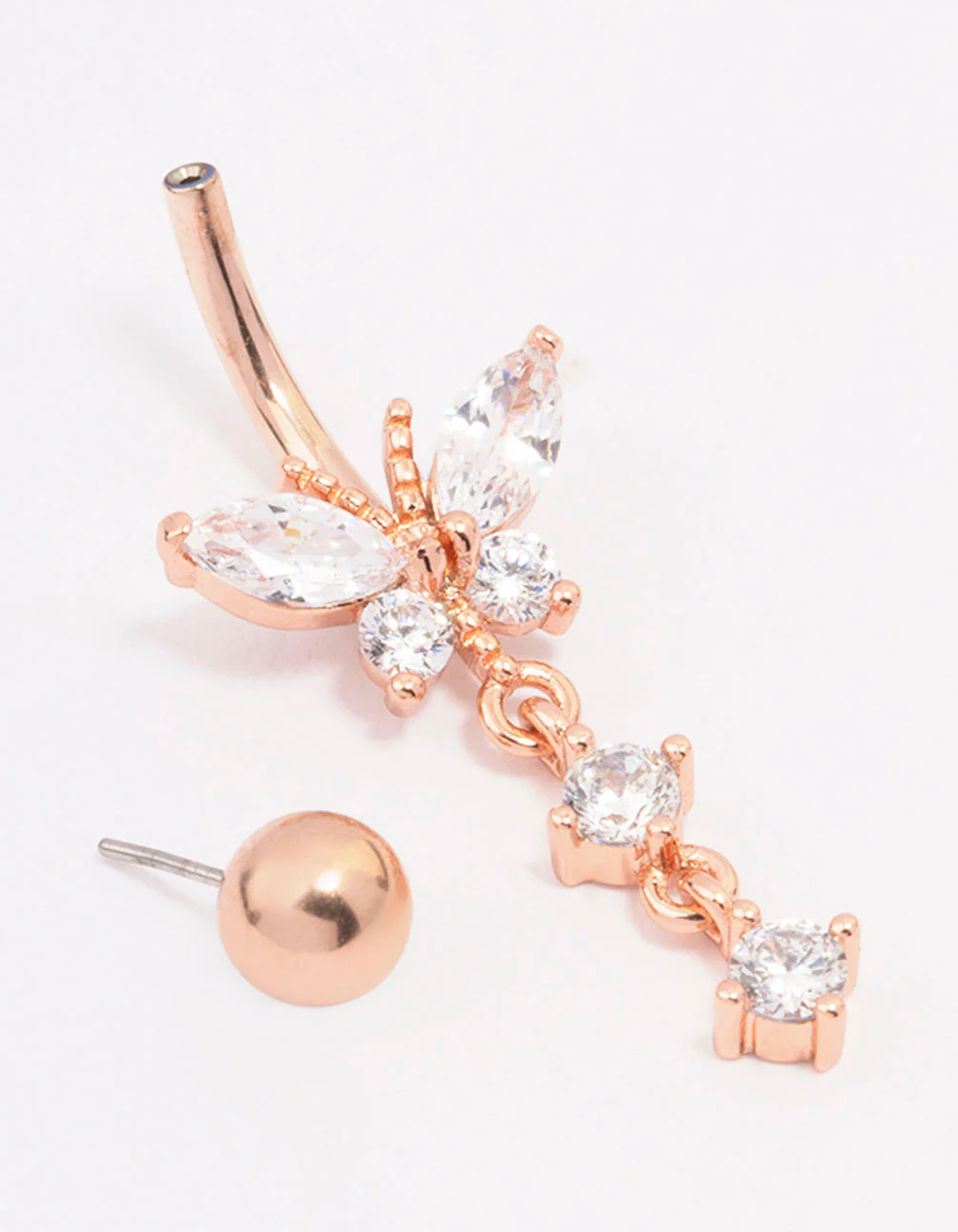 Rose Gold Plated Surgical Steel Butterfly Drop Threadless Belly Bar - Image 2