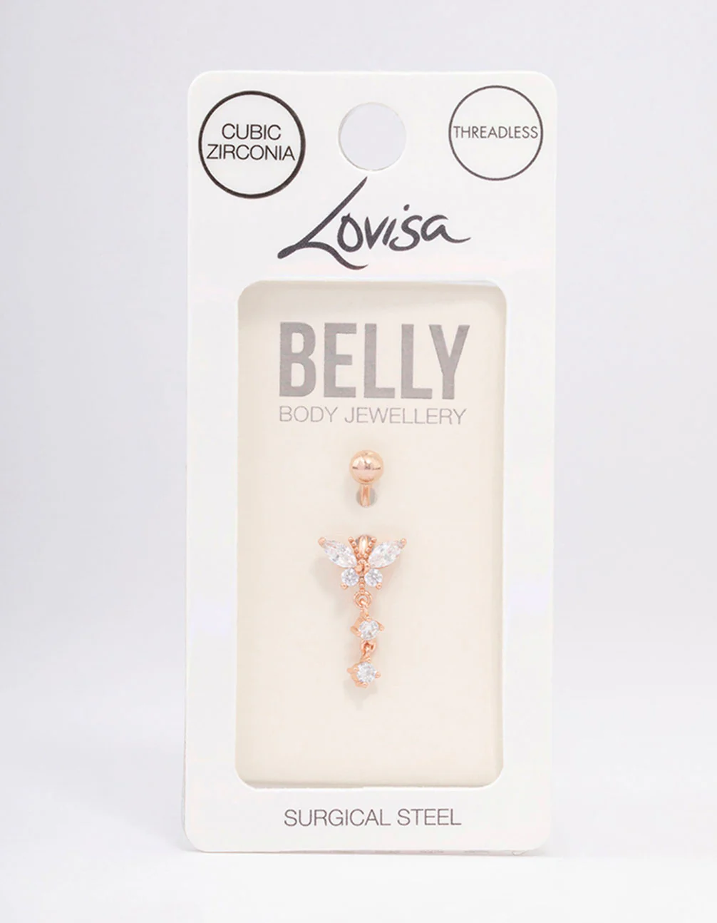 Rose Gold Plated Surgical Steel Butterfly Drop Threadless Belly Bar - Image 3