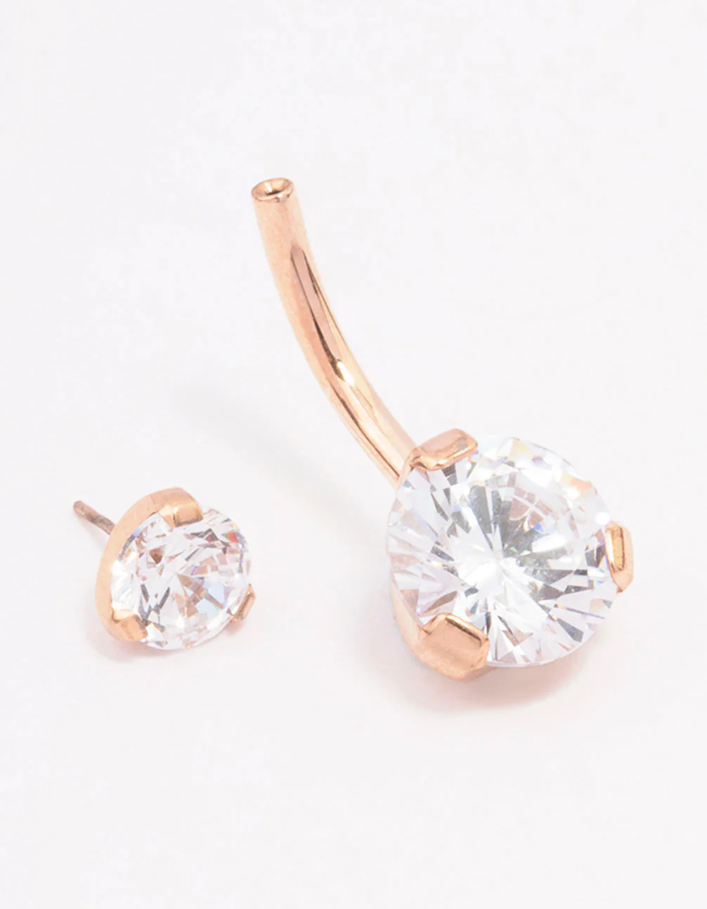 Rose Gold Plated Surgical Steel Cubic Zirconia Double Round Threadless Belly Bar - Image 2