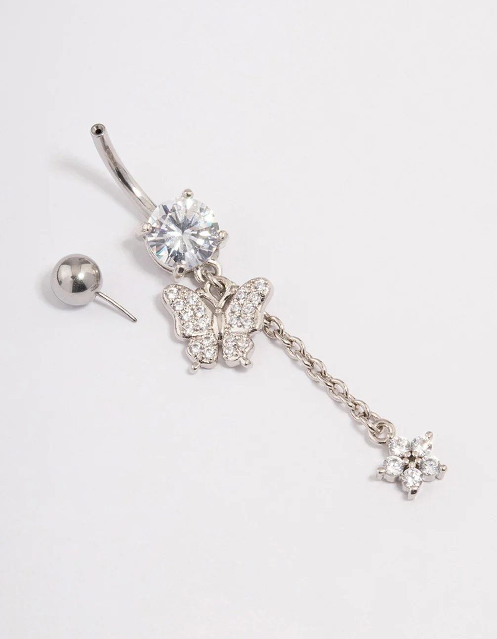 Surgical Steel Cubic Zirconia Butterfly Chain Threadless Belly Bar - Image 2