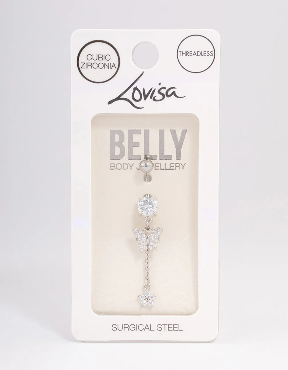 Surgical Steel Cubic Zirconia Butterfly Chain Threadless Belly Bar - Image 3