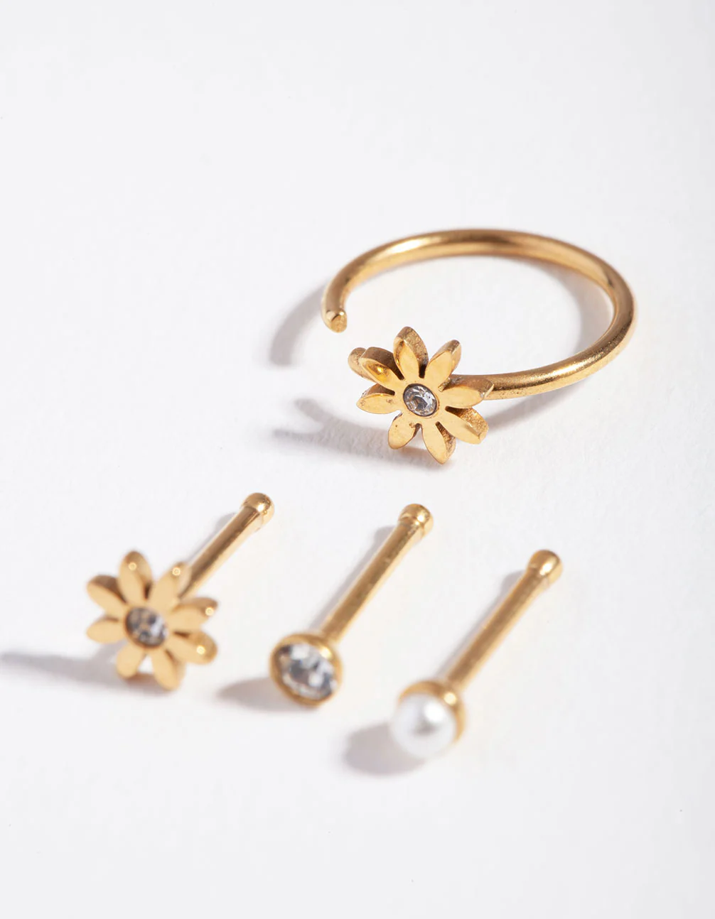 Surgical Steel Gold Flower Pearl Nose Stud 4-Pack - Image 2