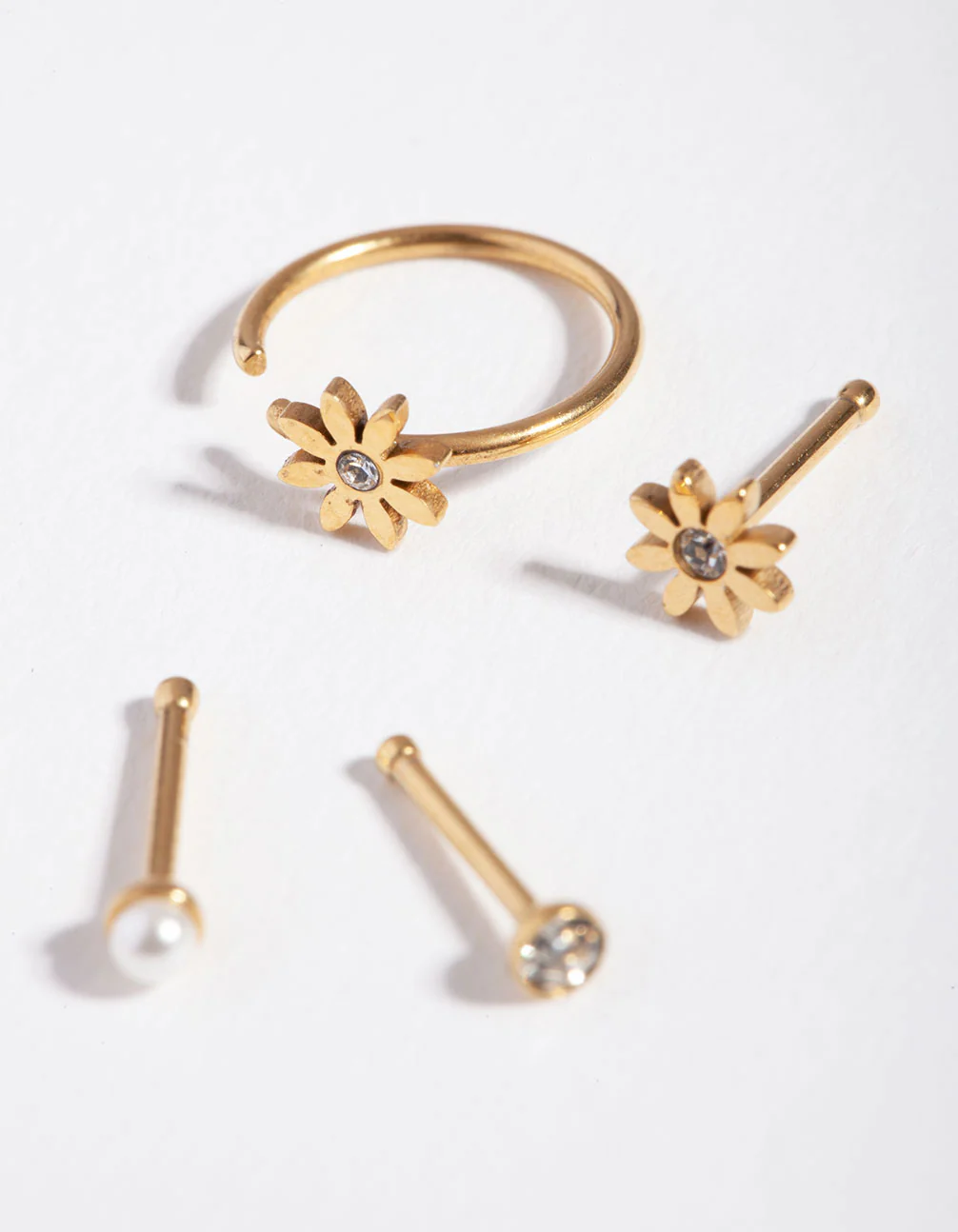 Surgical Steel Gold Flower Pearl Nose Stud 4-Pack - Image 3