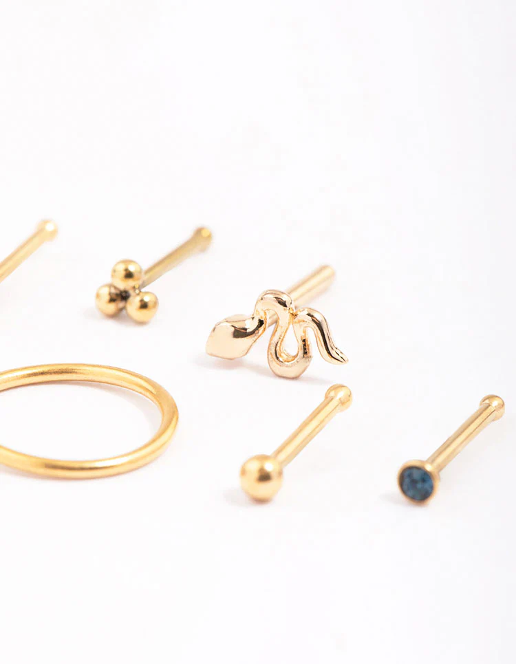 Gold Plated Surgical Steel Snake & Bezel Nose Piercing 6-Pack - Image 2