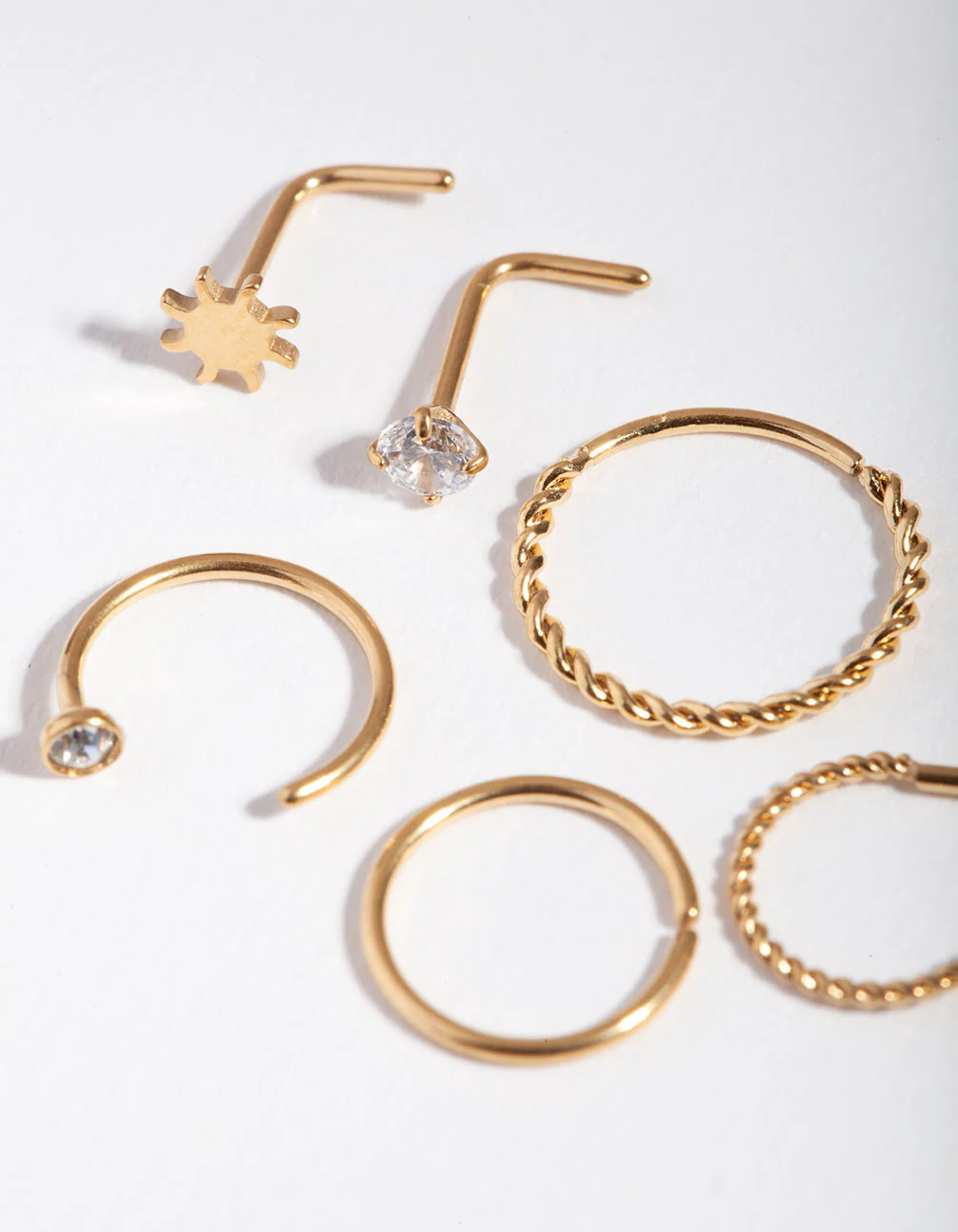Surgical Steel Gold Sun Twist Diamante Nose Ring 6-Pack - Image 2