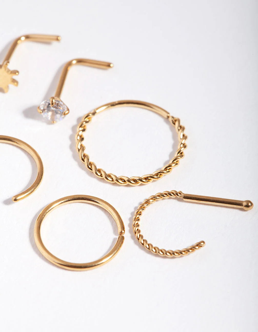 Surgical Steel Gold Sun Twist Diamante Nose Ring 6-Pack - Image 3