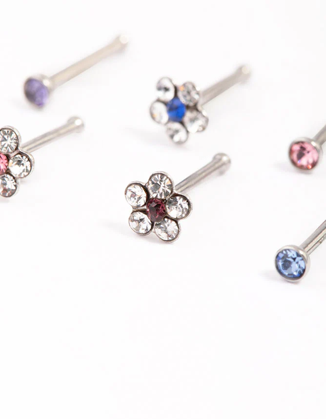Surgical Steel Cubic Zirconia Triangle Floral Nose Ring 6-Pack - Image 2