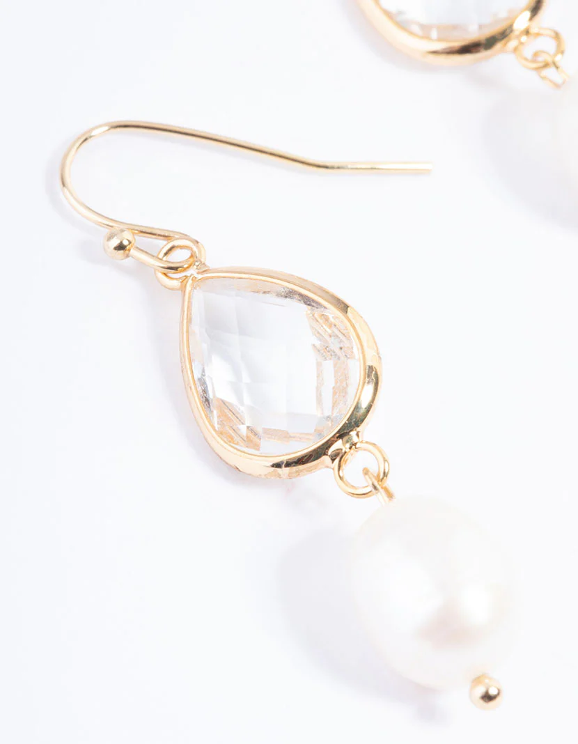 Gold Plated Clear & Freshwater Pearl Drop Earrings - Image 2