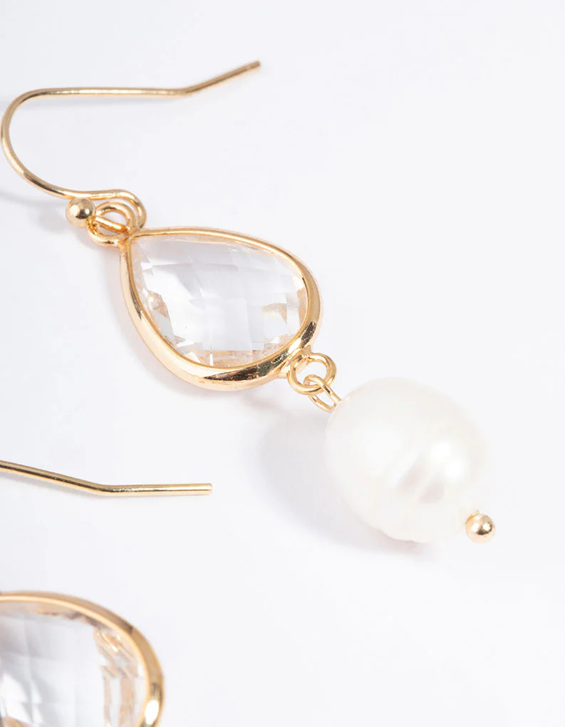 Gold Plated Clear & Freshwater Pearl Drop Earrings - Image 3