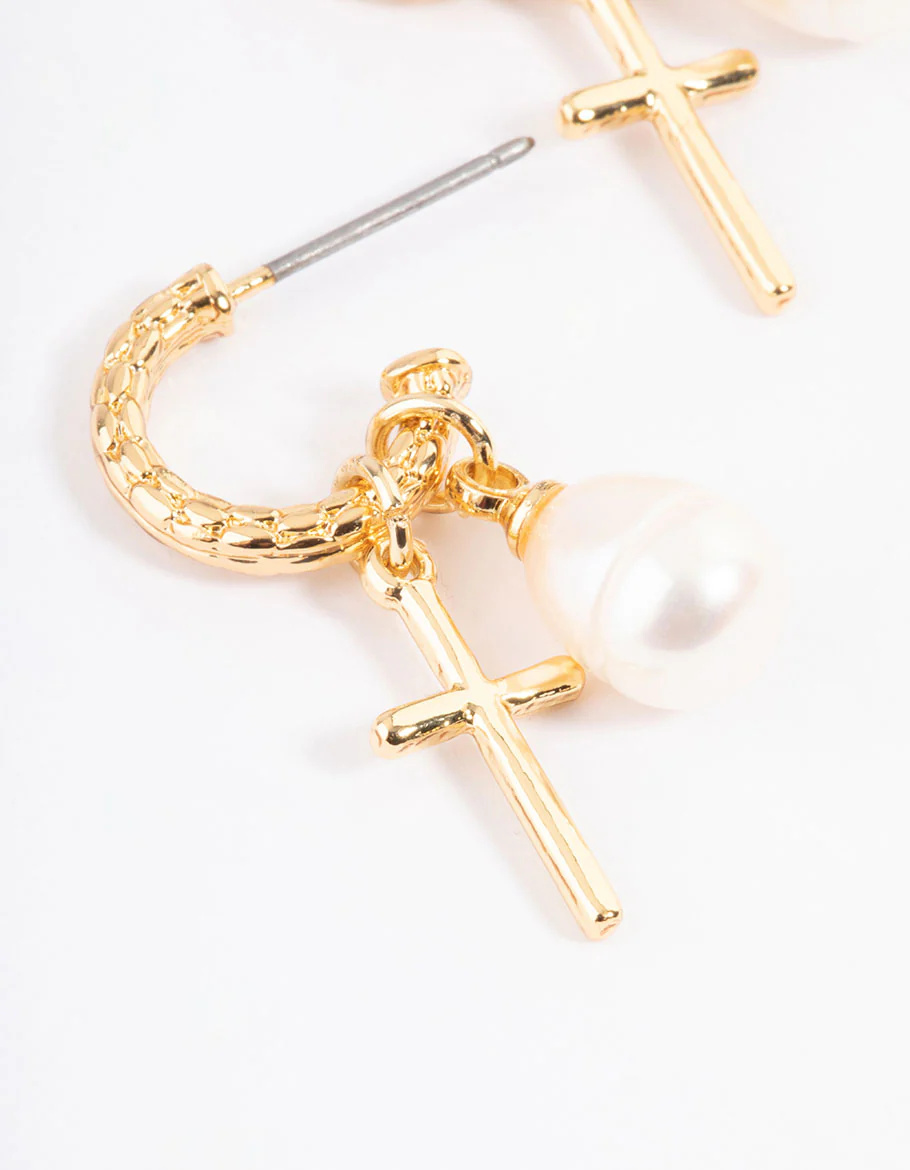 Gold Plated Cross & Freshwater Pearl Hoop Earrings - Image 2