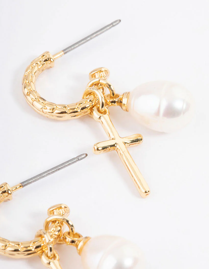 Gold Plated Cross & Freshwater Pearl Hoop Earrings - Image 3