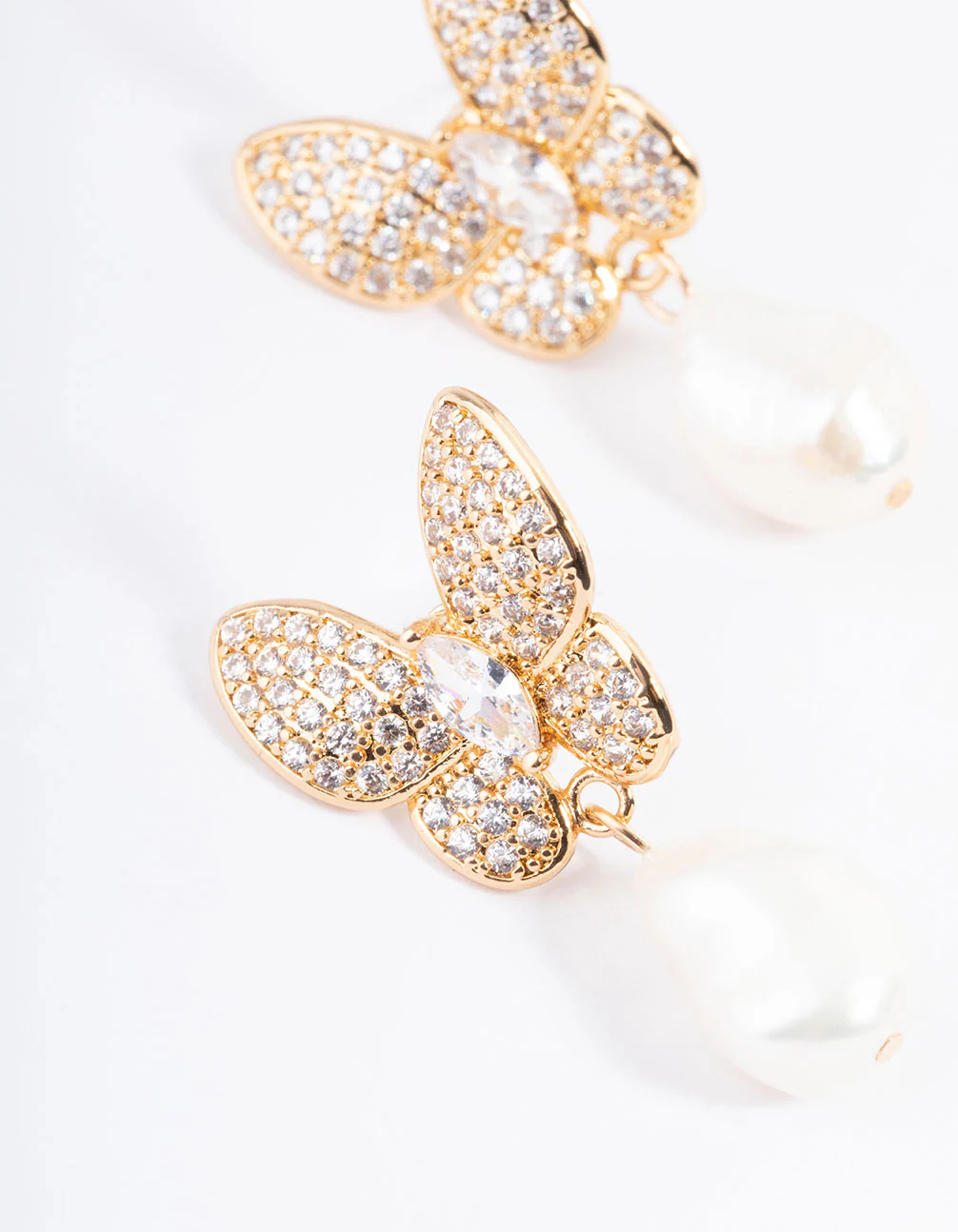 Gold Plated Cubic Zirconia Butterfly Freshwater Pearl Drop Earrings - Image 2