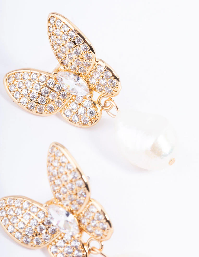 Gold Plated Cubic Zirconia Butterfly Freshwater Pearl Drop Earrings - Image 3