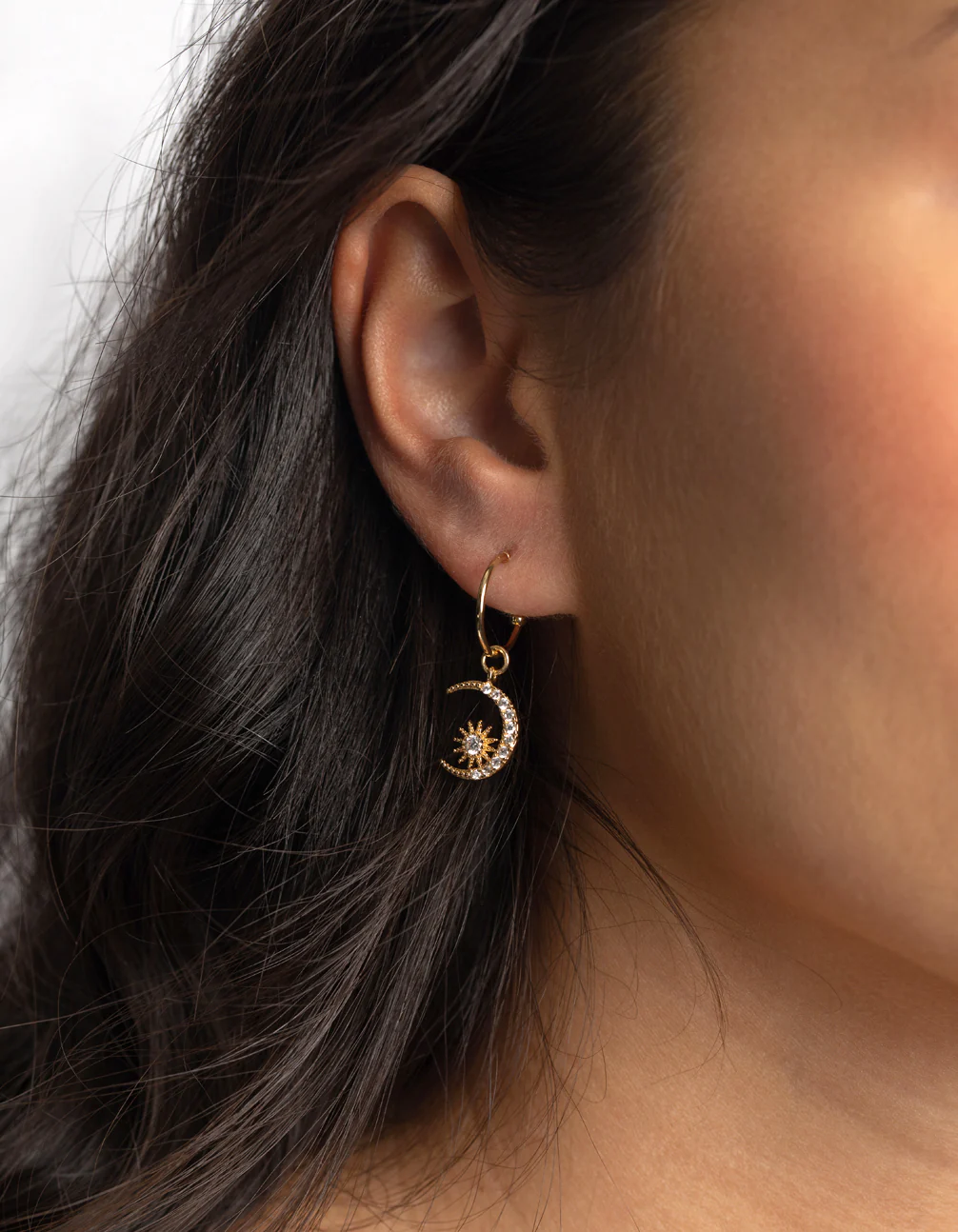 Gold Plated Celestial Huggie Hoop Earrings with Cubic Zirconia - Image 2