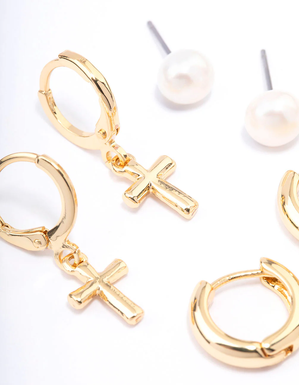 Gold Plated Cubic Zirconia & Freshwater Pearl Cross Earrings 4-Pack - Image 2