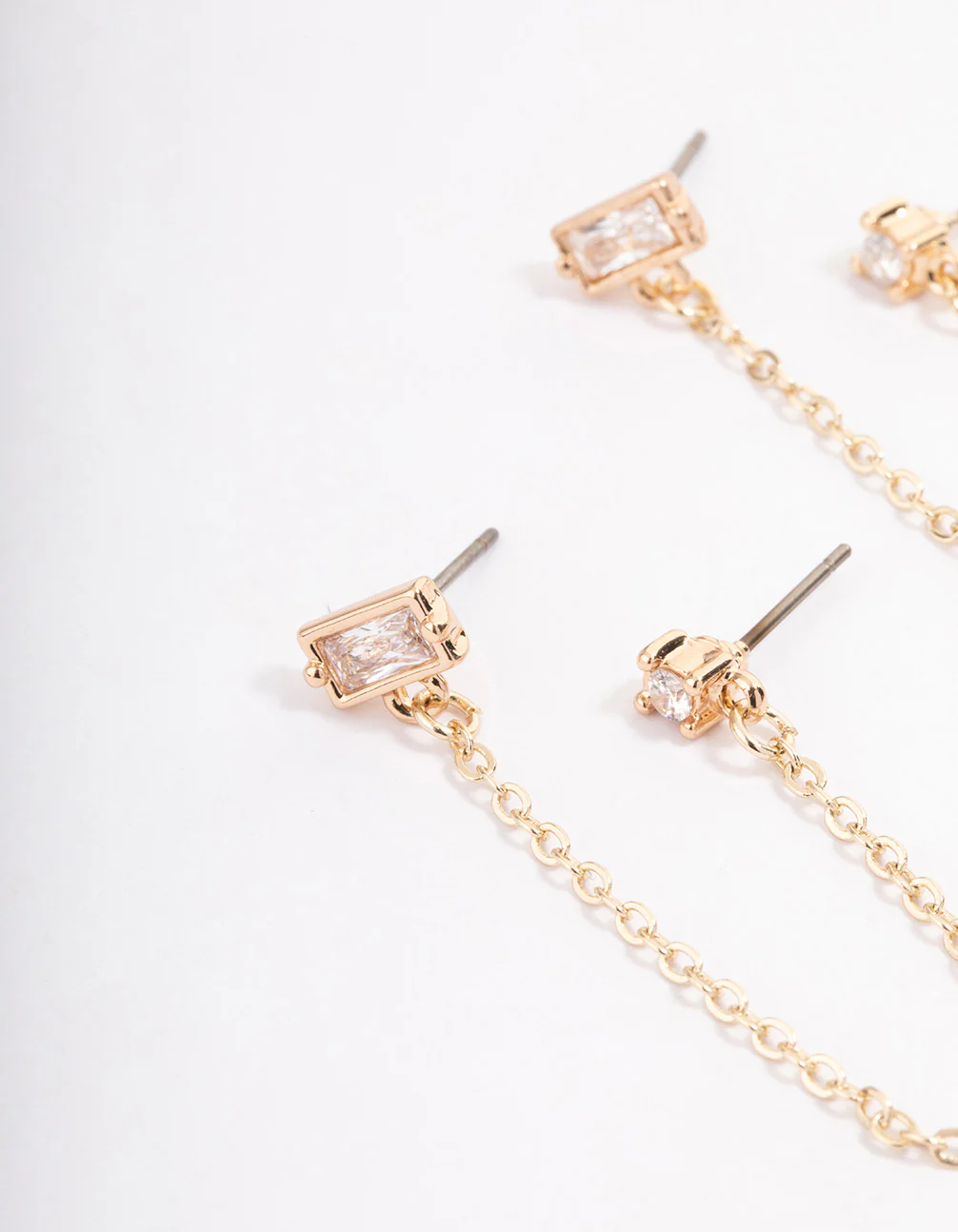 Gold Plated Cubic Zirconia Round & Baguette Chain Earrings - Image 2