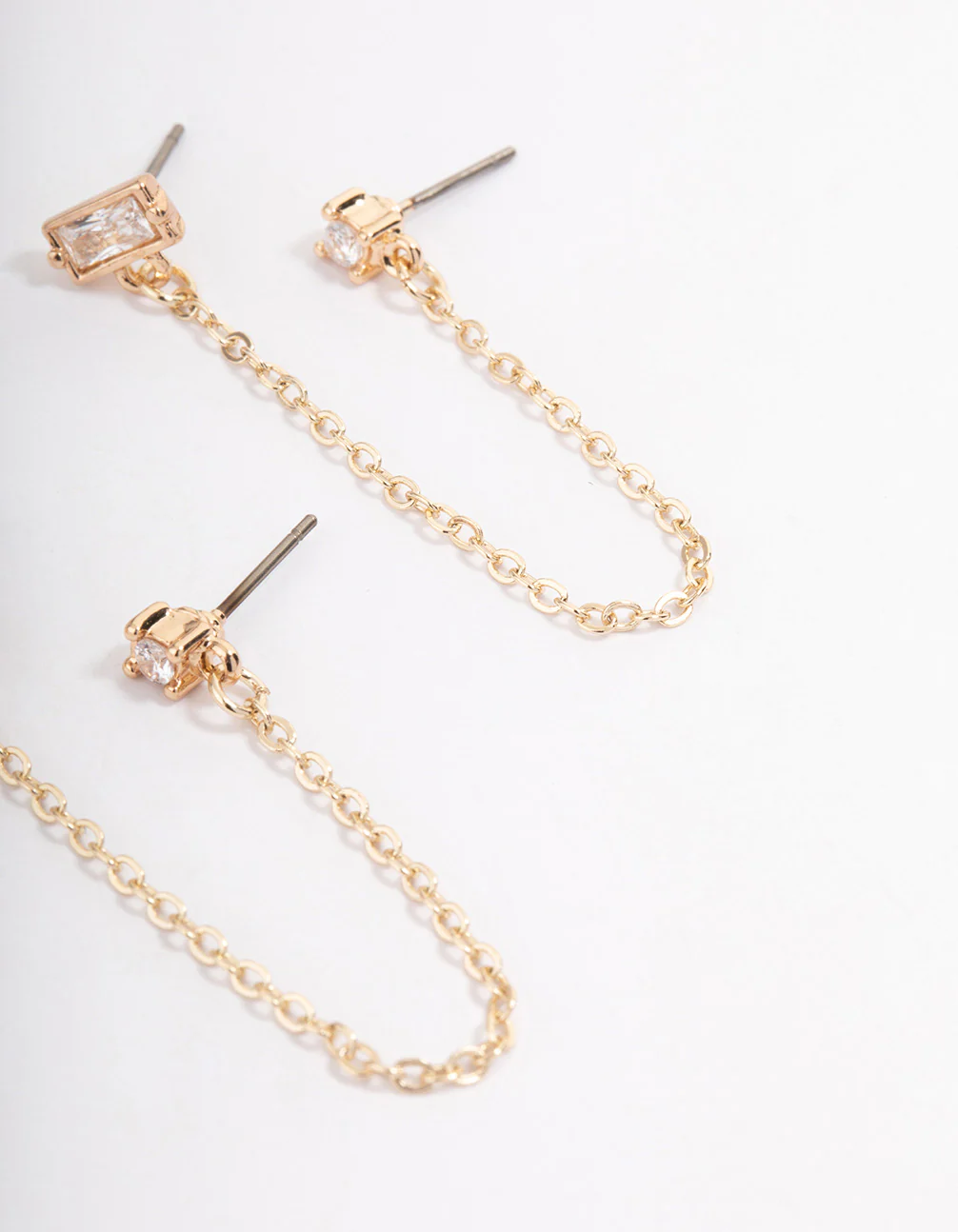 Gold Plated Cubic Zirconia Round & Baguette Chain Earrings - Image 3