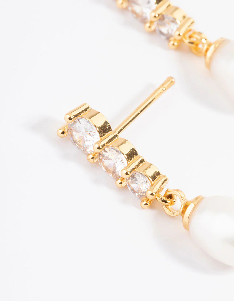 Gold Plated Cubic Zirconia Trio Freshwater Pearl Drop Earrings - Image 2