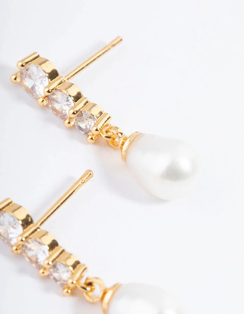 Gold Plated Cubic Zirconia Trio Freshwater Pearl Drop Earrings - Image 3