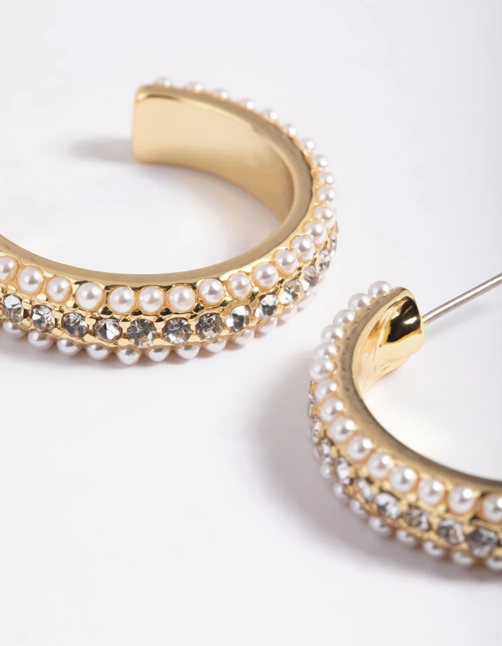 Gold Plated Diamond & Pearl Large Hoop Earrings - Image 3