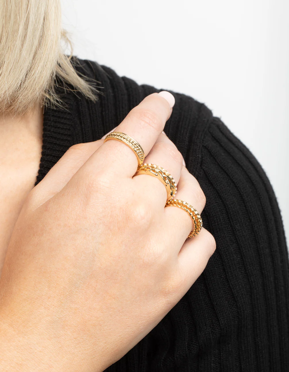 Gold Plated Diamante & Pearl Mixed Band Ring Stack 5-Pack - Image 2