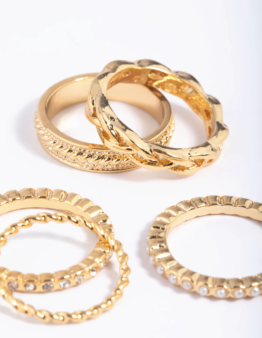 Gold Plated Diamante & Pearl Mixed Band Ring Stack 5-Pack - Image 3