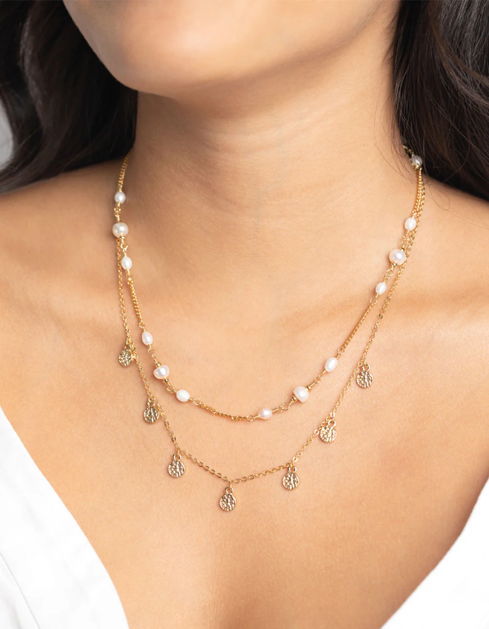 Gold Plated Disc Necklace with Freshwater Pearl - Image 2