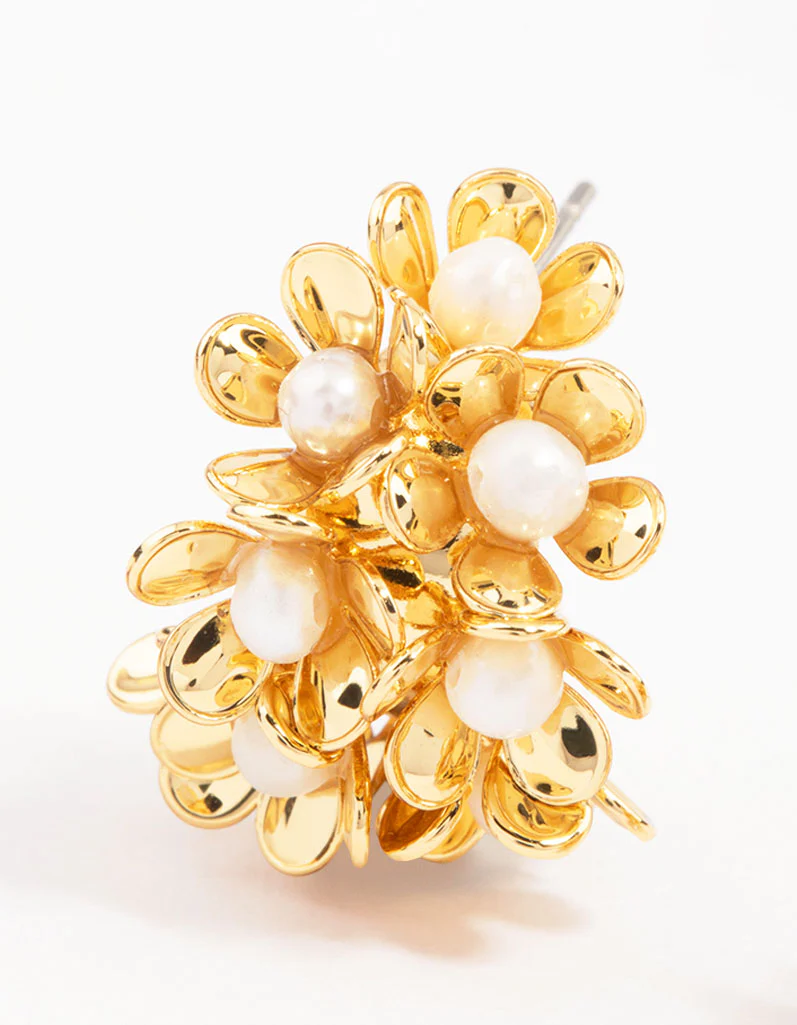Gold Plated Freshwater Pearl Flower Hoop Earrings - Image 2