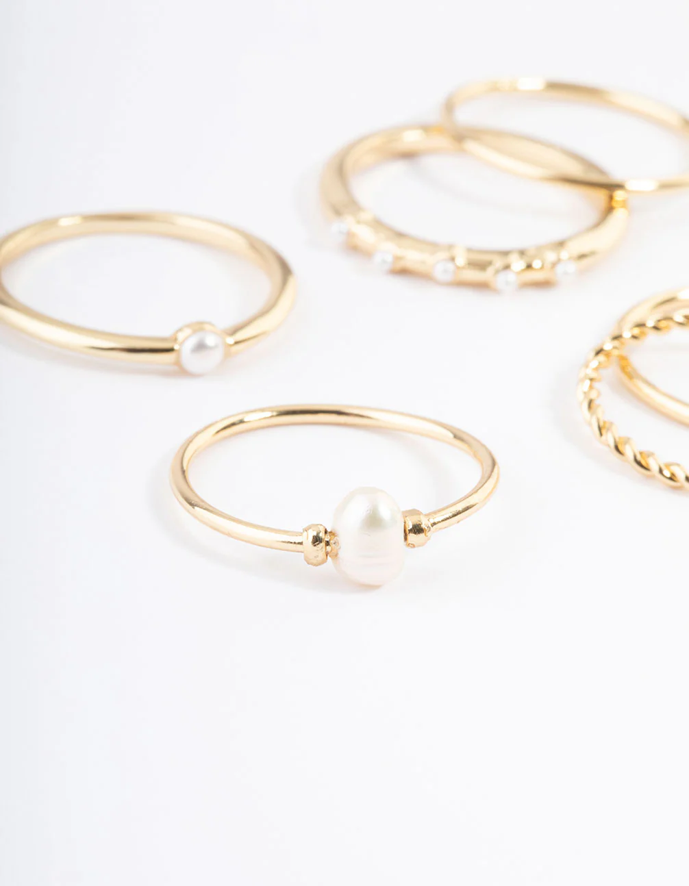 Gold Plated Freshwater Pearl Mixed Band Rings 6-Pack - Image 2