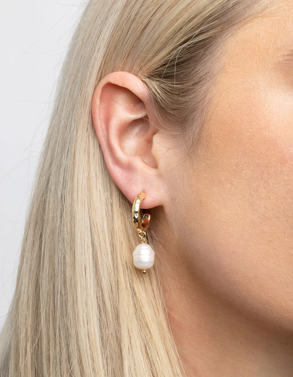 Gold Plated Freshwater Pearl Molten Hoop Earrings - Image 4